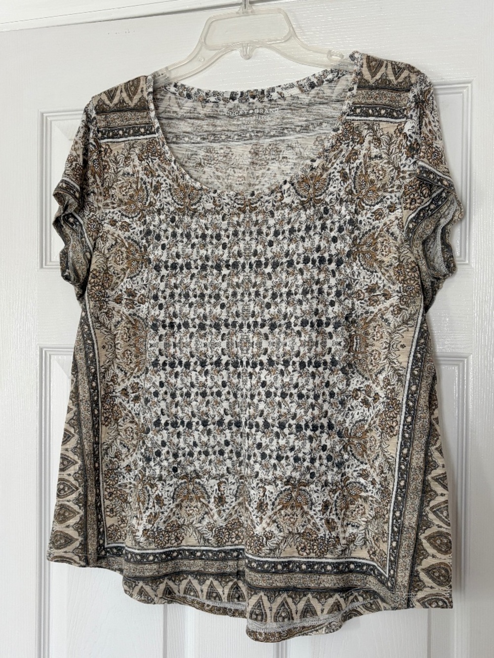 Lucky Brand Short Sleeve Shirt Size Large Patterned Brown Beige